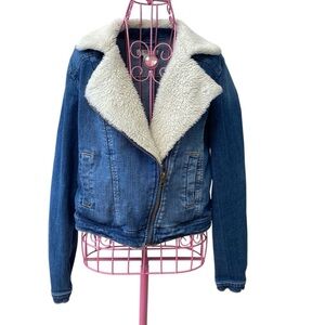 Mossimo Women’s Denim Blue Jean Moto Jacket Faux Fur Sherpa Collar Size M
